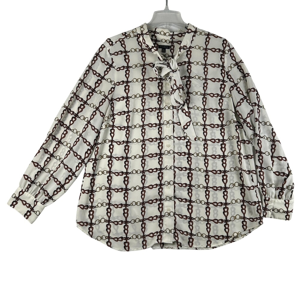 Talbots Blouse Womens XL White Chain Print V Neck Long Sleeve Tie Neck Top